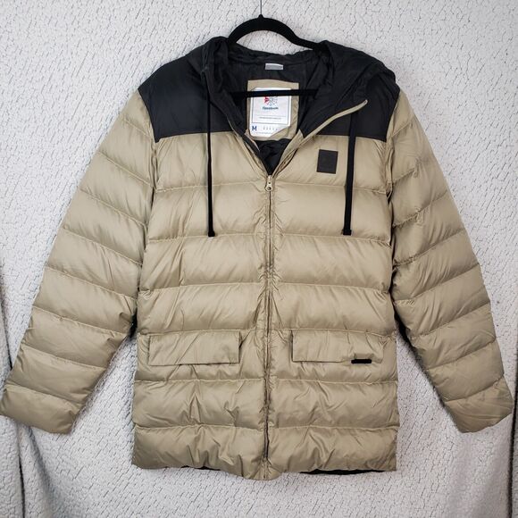 Reebok Down Puffer Jacket Mens M Tan Black Hooded Warm Functional Hiking 44x31 - Picture 1 of 11